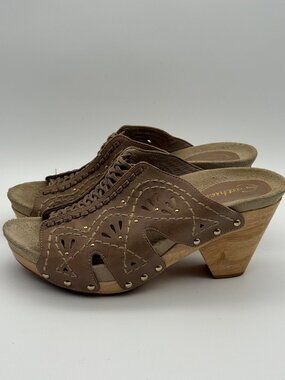 Earthies Riviera Brown Leather Wedge Clog Mules Size 9B